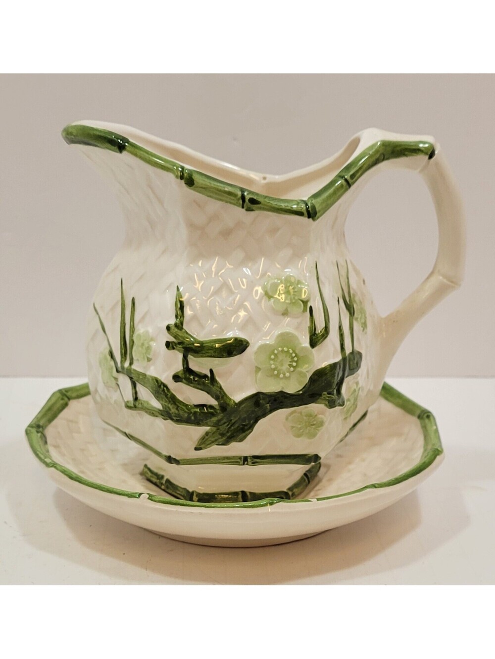 Vtg Inarco Mini 3.75" Pitcher and 5.5" Basin Set Japan Bamboo and Floral Design